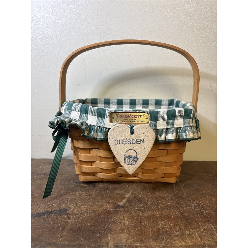 Vtg 1996 Longaberger Dresden Tour Basket II Green Checked Fabric & Plastic Liner